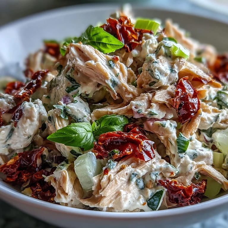 Bright Sun-Dried Tomato Chicken Salad served in crisp lettuce cups, garnished with extra basil and lemon wedges for a fresh lunch.