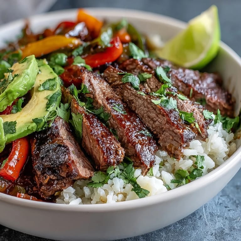 Sizzling skillet steak, bright peppers and onions, and creamy toppings create a hearty Tex-Mex Steak Fajita Bowl served over cauliflower rice.