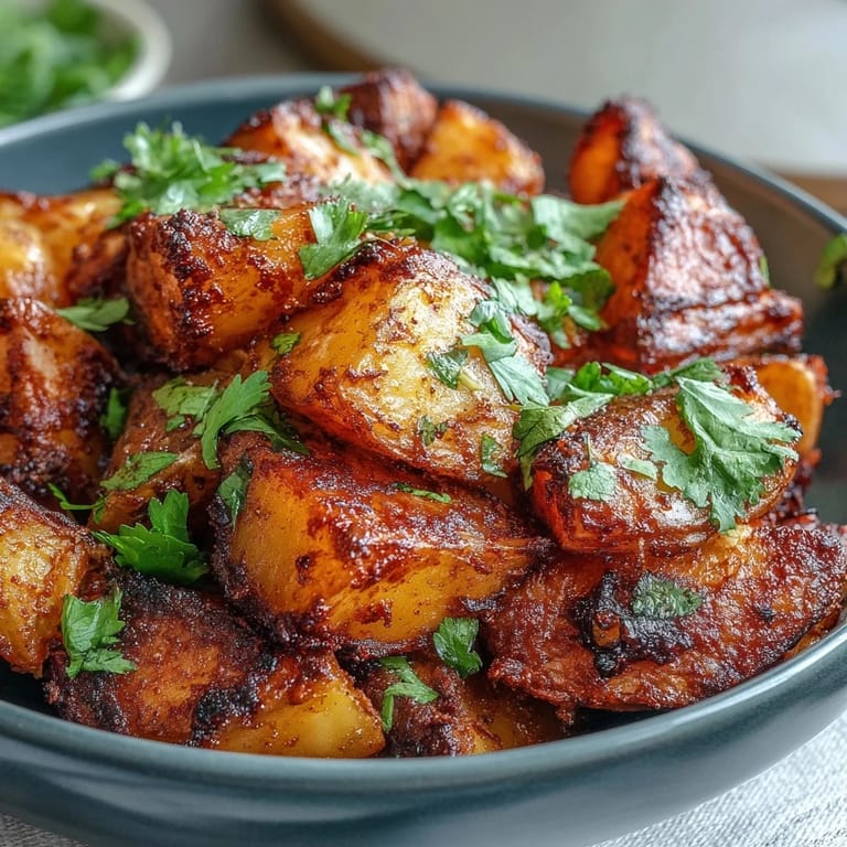 Freshly chopped cilantro garnishes golden potato cubes in a bowl of Spicy Mexican-Style Street Potatoes ready to eat.