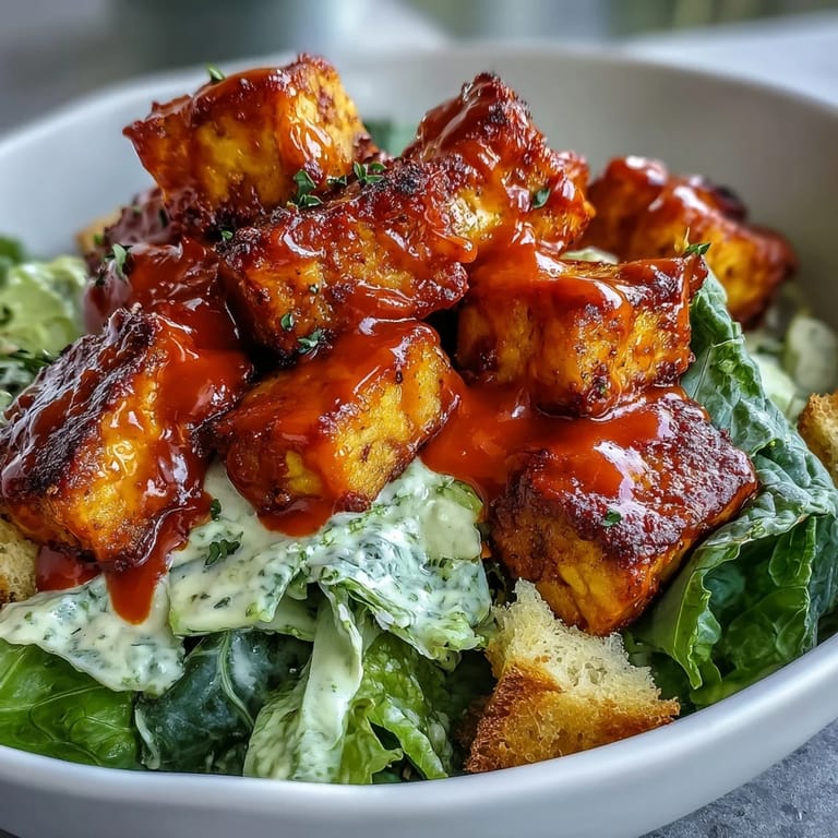 Golden-brown tofu cubes glistening with spicy buffalo sauce, paired with crisp romaine and Parmesan.