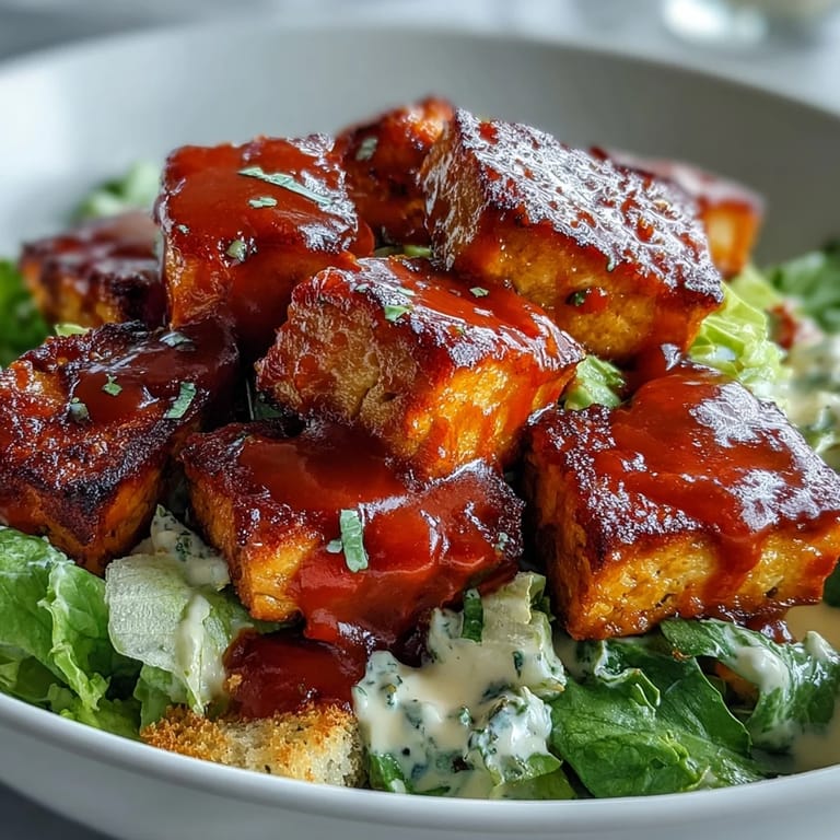 Freshly tossed Caesar salad topped with crispy Buffalo Tofu, ready for a dinnertime serving.