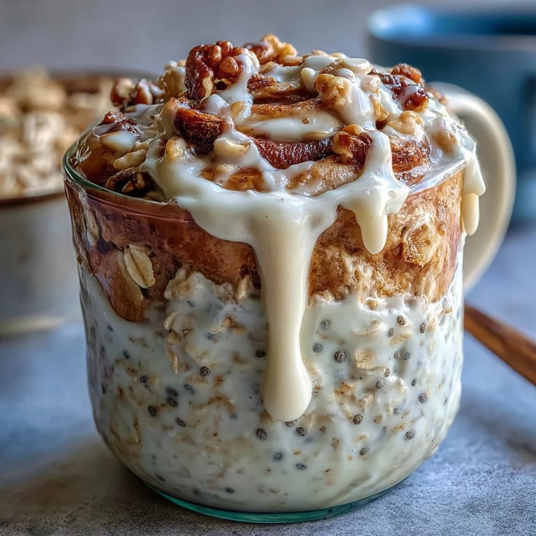 Overnight oats topped with cream cheese drizzle and chopped pecans for a high-protein cinnamon roll breakfast.