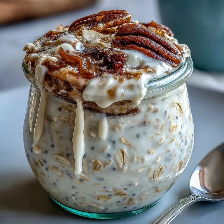 High-Protein Cinnamon Roll Overnight Oats layered in a jar with almond milk and Greek yogurt.