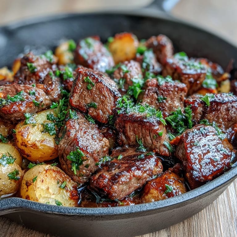 Savory Garlic Butter Steak & Potato Skillet topped with fresh parsley and lemon, ready for a hearty family dinner.