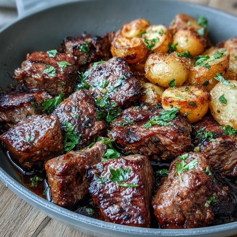 Easy gluten-free dinner of tender steak and potatoes tossed in a luscious garlic butter sauce with a hint of spice.