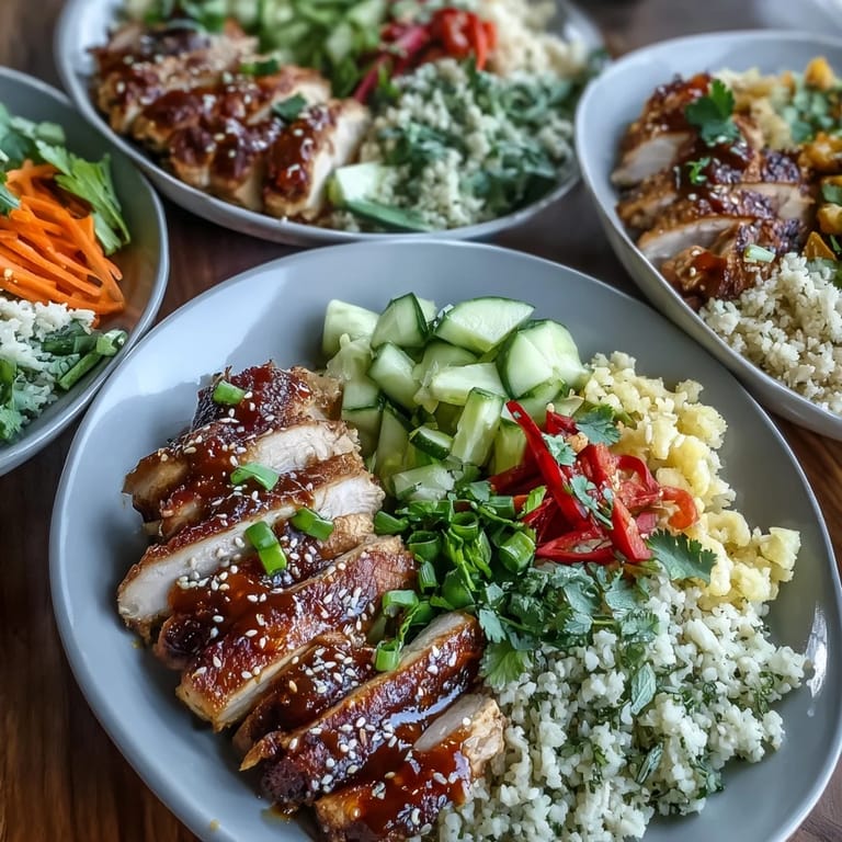 A warm serving of sesame ginger chicken couscous bowls drizzled with tangy dressing.