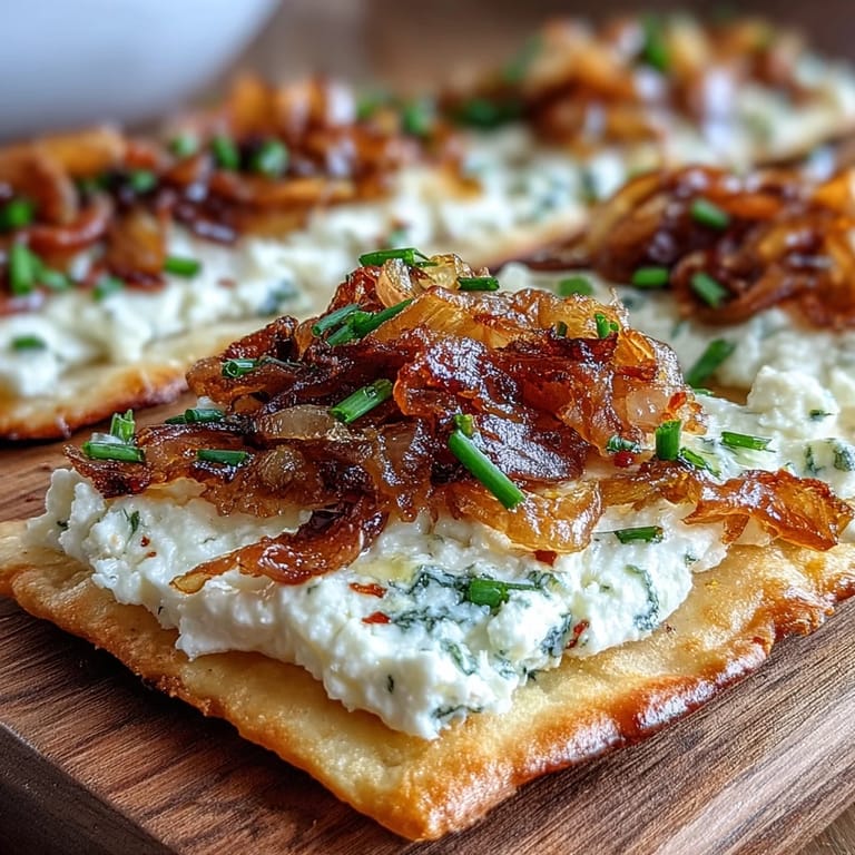 Freshly baked Goat Cheese & Caramelized Onion Flatbread cut into wedges, revealing a creamy goat cheese base and sweet onions.