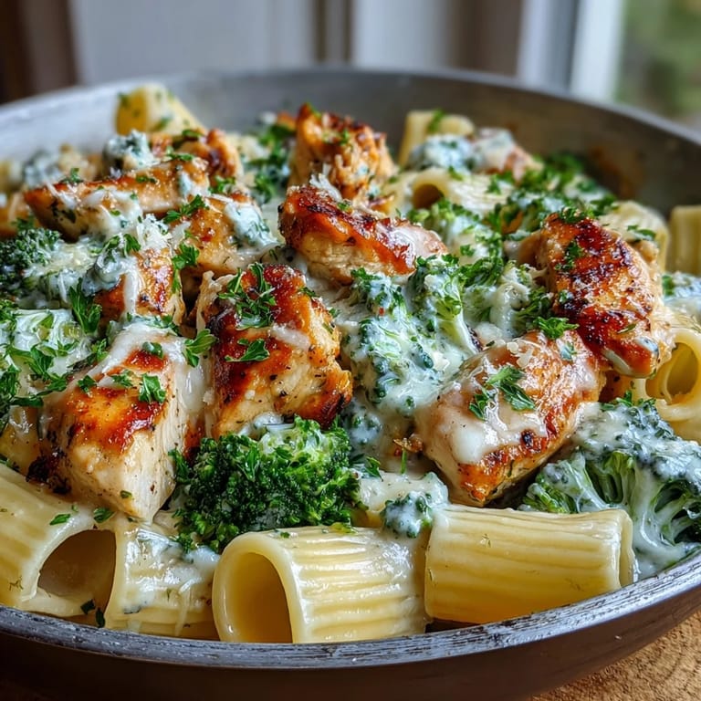 Creamy Garlic Parmesan Broccoli & Chicken Pasta garnished with fresh parsley, served warm with golden chicken and pasta.