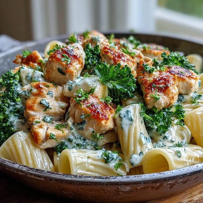 Easy weeknight Garlic Parmesan Broccoli & Chicken Pasta, sautéed chicken, al dente pasta, and broccoli in a rich sauce.