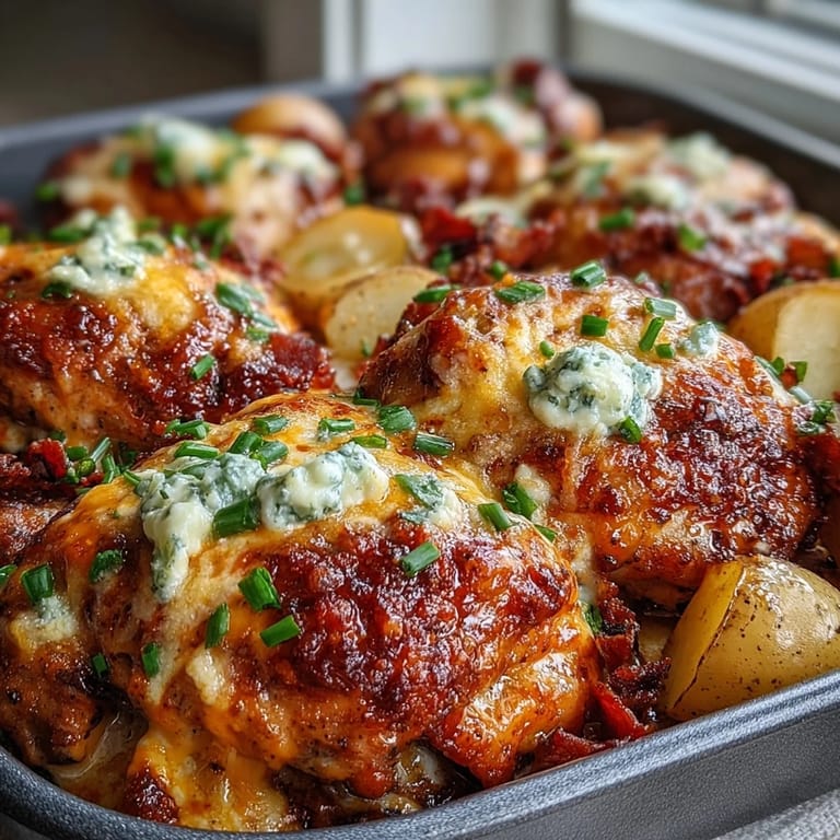 Tender potatoes and juicy chicken coated in zesty buffalo ranch sauce, garnished with fresh chives.