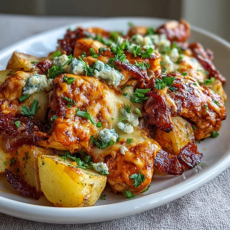 Cheesy Buffalo Ranch Chicken Potato Bake served hot from the oven, perfect for family dinners.