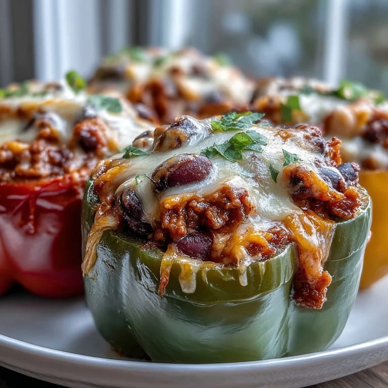 Four colorful peppers filled with hearty chili mac and melted cheddar, ready to be plated for dinner.