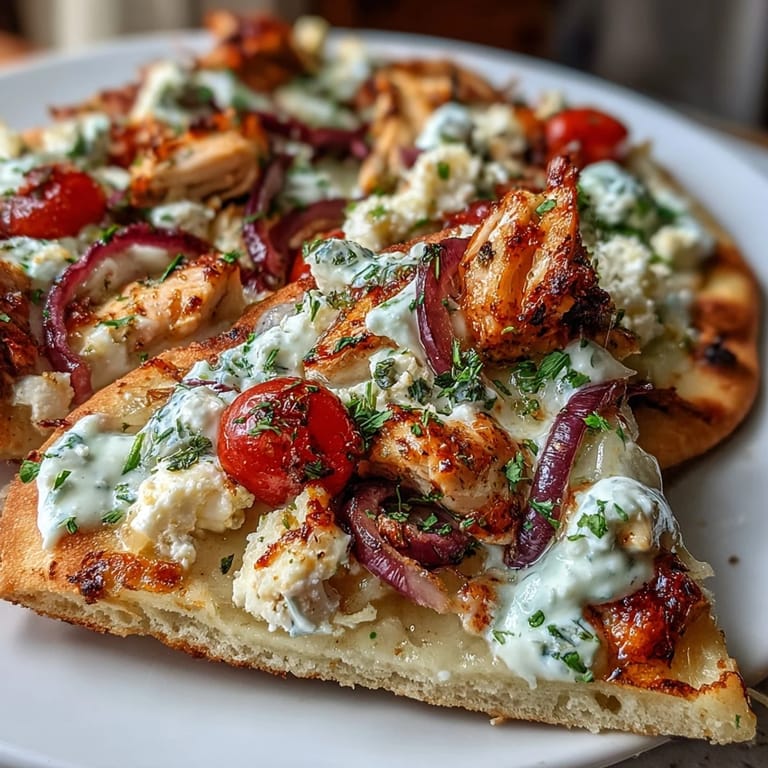 Mediterranean Lemon Feta Chicken Naan Pizza on a rustic board, drizzled with creamy tzatziki and sprinkled with fresh dill.