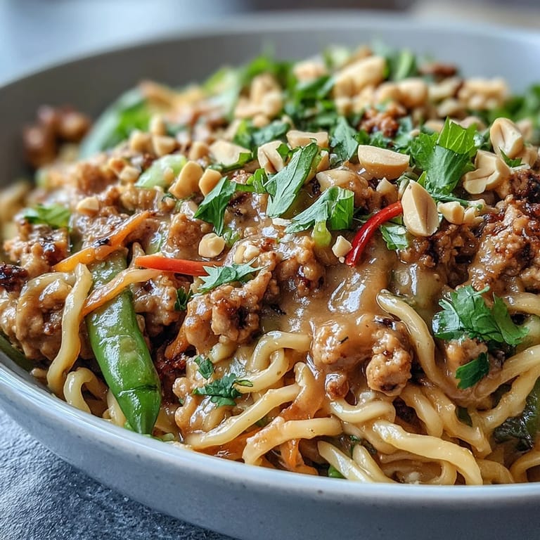 Steaming bowl of Creamy Thai-Inspired Peanut Noodle Bowls featuring vibrant peppers and a spoon of peanut sauce.