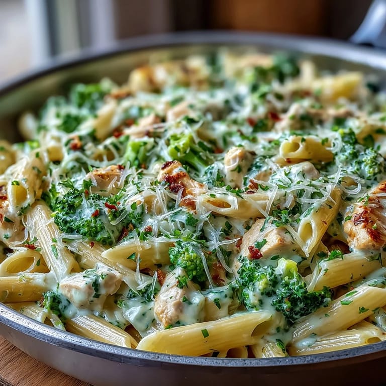 Garlic Parmesan Broccoli & Chicken Pasta is garnished with fresh parsley and extra cheese, served steaming hot from the pan.