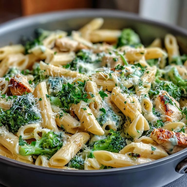 The easy one-pan Garlic Parmesan Broccoli & Chicken Pasta showcases a rich, cheesy sauce coating every noodle and vegetable.