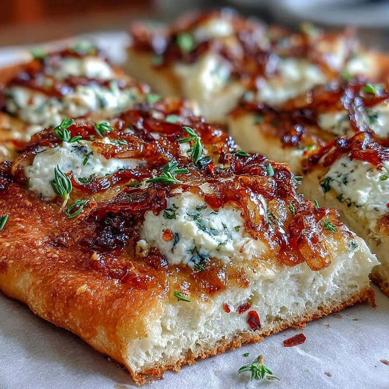 Sliced warm flatbread topped with tangy goat cheese, sweet onions, and fresh arugula, ready to serve.