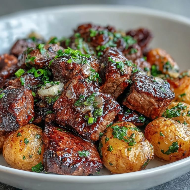 Skillet of Garlic Butter Steak & Potato Skillet with rich garlic butter sauce, ready to serve family-style.