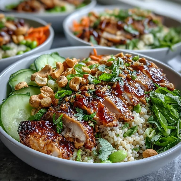 Healthy and wholesome, this easy dairy-free Sesame Ginger Chicken Couscous Bowl features golden couscous, edamame, and toasted sesame seeds for a satisfying meal.