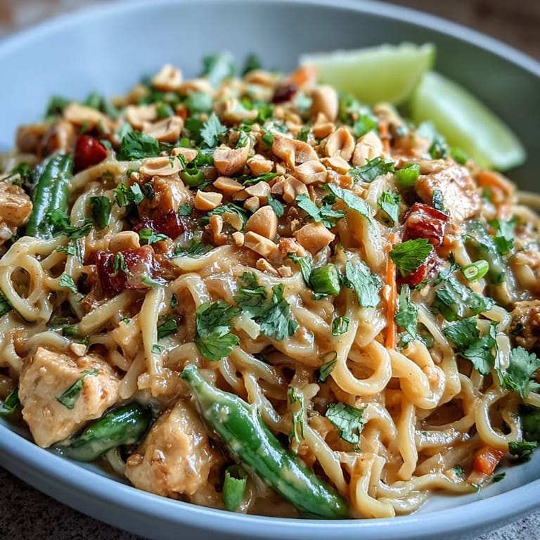 A close-up of Creamy Thai-Inspired Peanut Noodle Bowls featuring tender wide rice noodles tossed with red bell peppers and snap peas in a rich, savory sauce.
