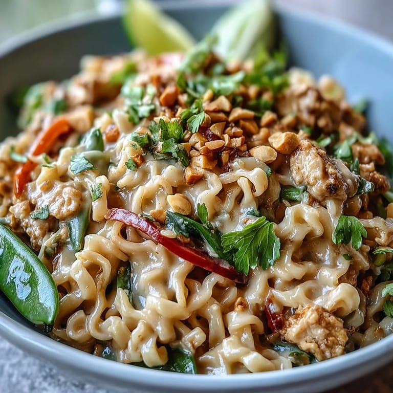 Serving suggestion for Creamy Thai-Inspired Peanut Noodle Bowls, with lime wedges and green onions sprinkled atop a steaming bowl, ready for an easy weeknight dinner.