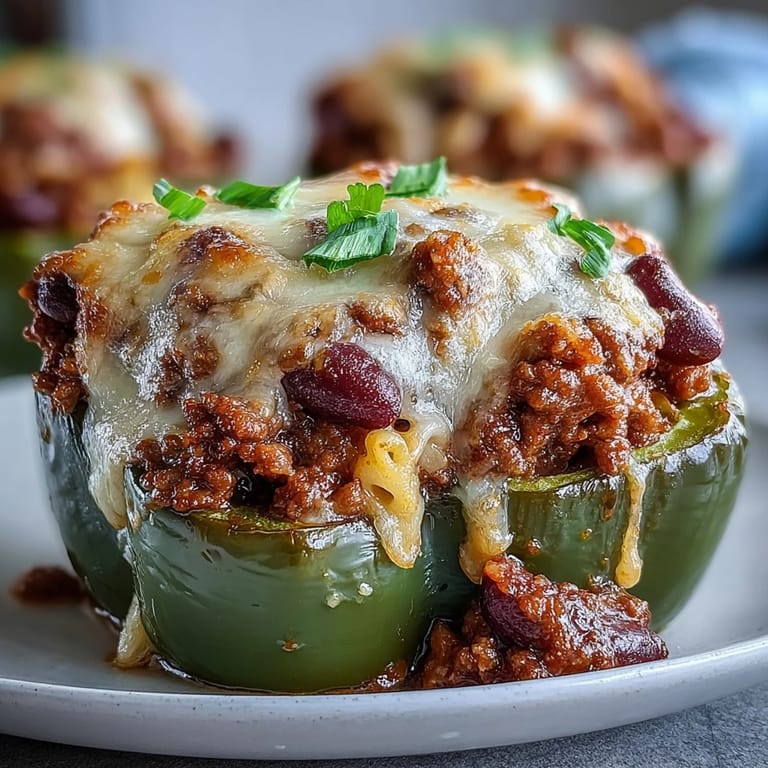 Bell peppers brimming with hearty chili mac, the cheesy topping bubbling and slightly crisped in the oven.