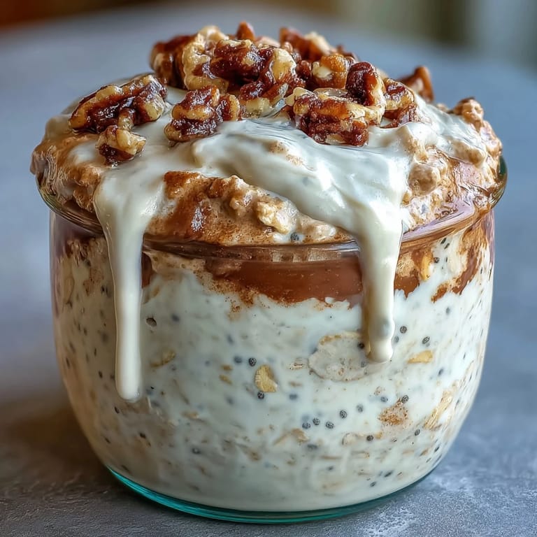 Two bowls of chilled High-Protein Cinnamon Roll Overnight Oats topped with a sweet glaze, perfect for an easy make-ahead morning meal.