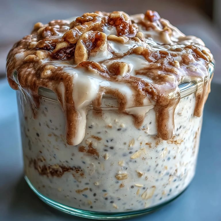 A spoonful of High-Protein Cinnamon Roll Overnight Oats showing thick rolled oats and Greek yogurt texture, ready to eat cold.