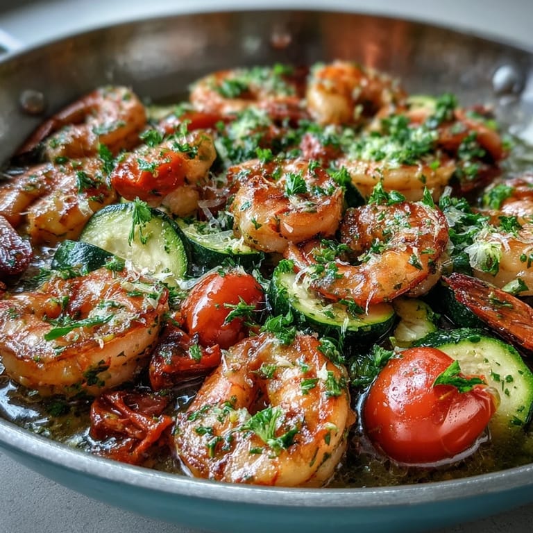 Tender shrimp and bright cherry tomatoes tossed with zucchini in the One-Pan Lemon Butter Shrimp with Zucchini and Tomatoes, served with lemon wedges.