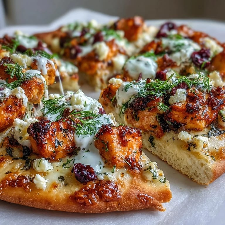 Crisp naan crust loaded with tender lemon chicken, creamy feta, and Kalamata olives, drizzled with cool tzatziki sauce.