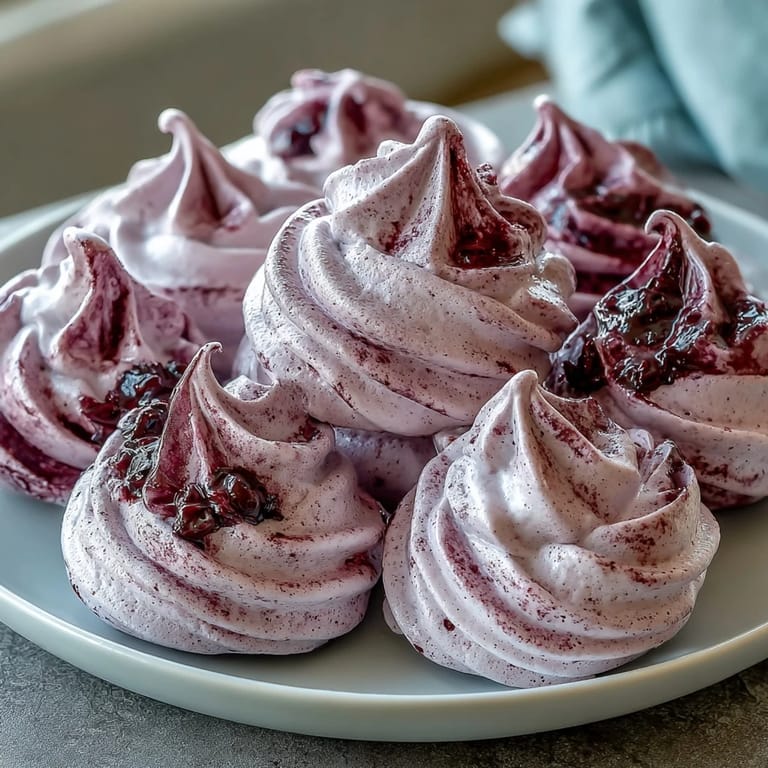 Elegant black currant meringues baked to golden perfection, dusted with berry powder for a stunning and flavorful presentation.