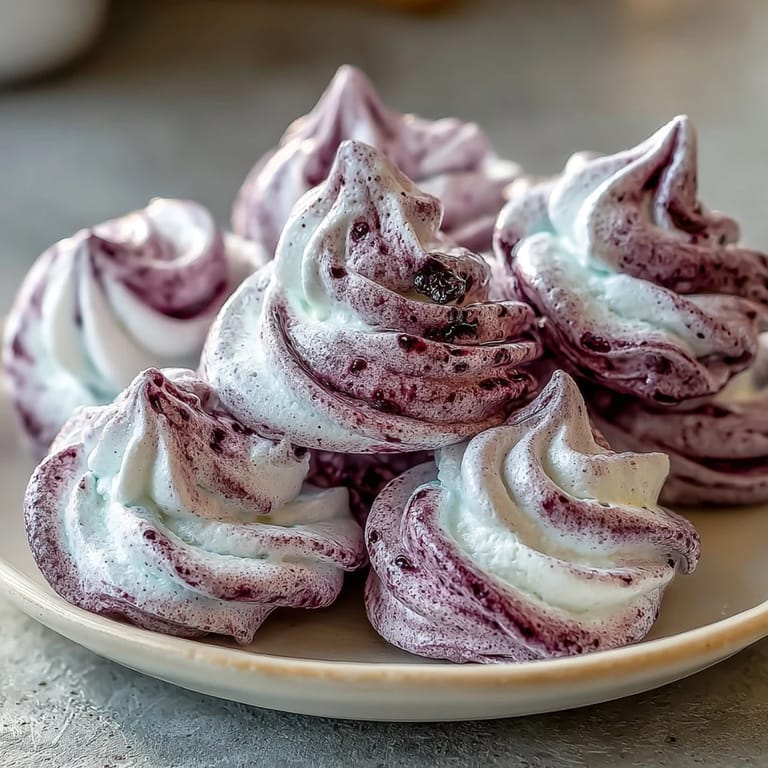 Close-up of homemade black currant meringues, their airy texture and fruity aroma making them irresistible dessert treats.  