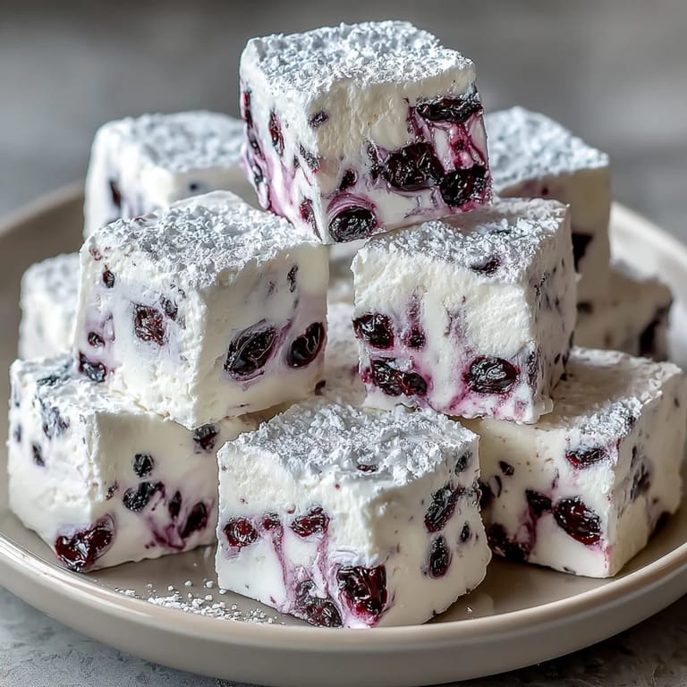 Gourmet blackcurrant marshmallows with a vibrant berry flavor and pillowy texture, dusted in cornstarch for a smooth, melt-in-your-mouth finish.