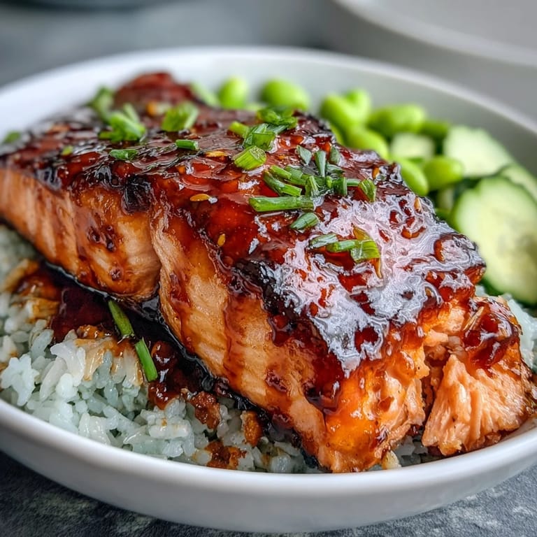 Pan-seared salmon glazed in sweet and spicy honey sriracha sauce, served over fluffy rice with fresh edamame and creamy avocado slices.  