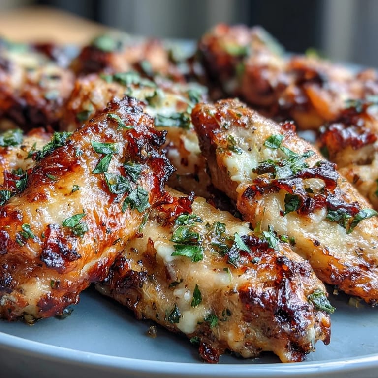 Oven-baked chicken wings seasoned with baking powder, salt, and pepper, then drenched in garlic Parmesan butter sauce.