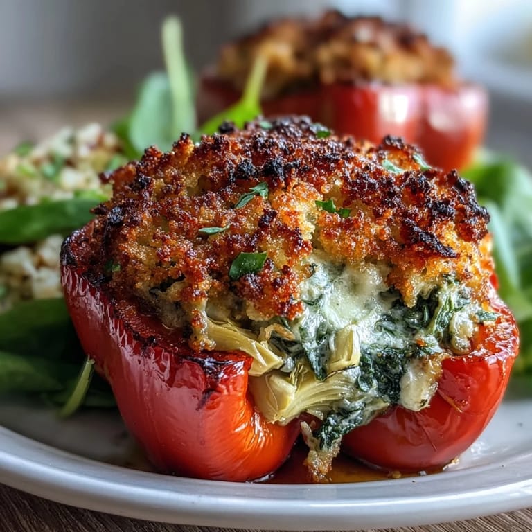 Savory bell peppers overflowing with a rich, dairy-free spinach and artichoke filling, topped with crunchy breadcrumbs for texture.