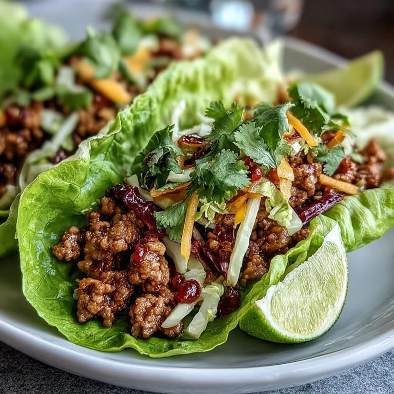 Flavorful turkey taco filling nestled in lettuce leaves, garnished with tangy mango slaw for a colorful, healthy dinner.  
