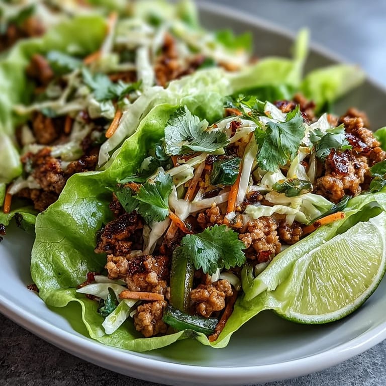 Spicy turkey lettuce tacos paired with sweet and tangy mango slaw, perfect for a light, gluten-free main dish.