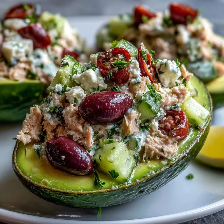 Creamy avocado halves overflowing with zesty Mediterranean tuna salad, topped with crumbled feta and parsley.  