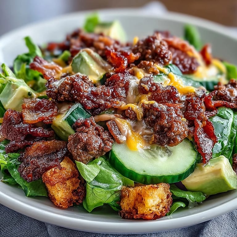 Savory ground beef, crispy bacon, and creamy avocado combine in this low-carb Keto Bacon Cheeseburger Salad with tangy burger sauce.