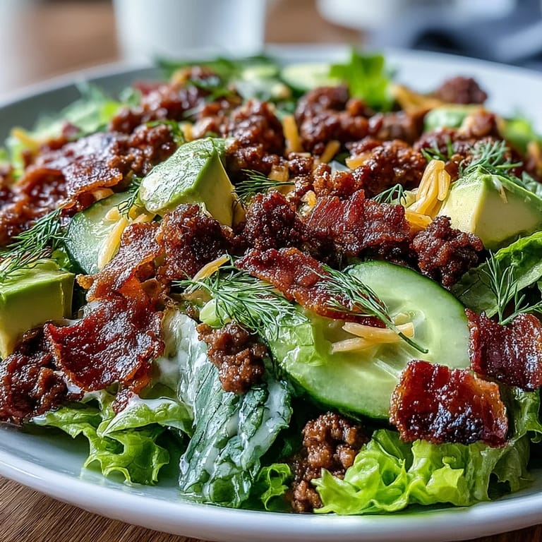 This Keto Bacon Cheeseburger Salad features juicy beef, crunchy pickles, and rich cheese atop fresh greens for a satisfying meal.