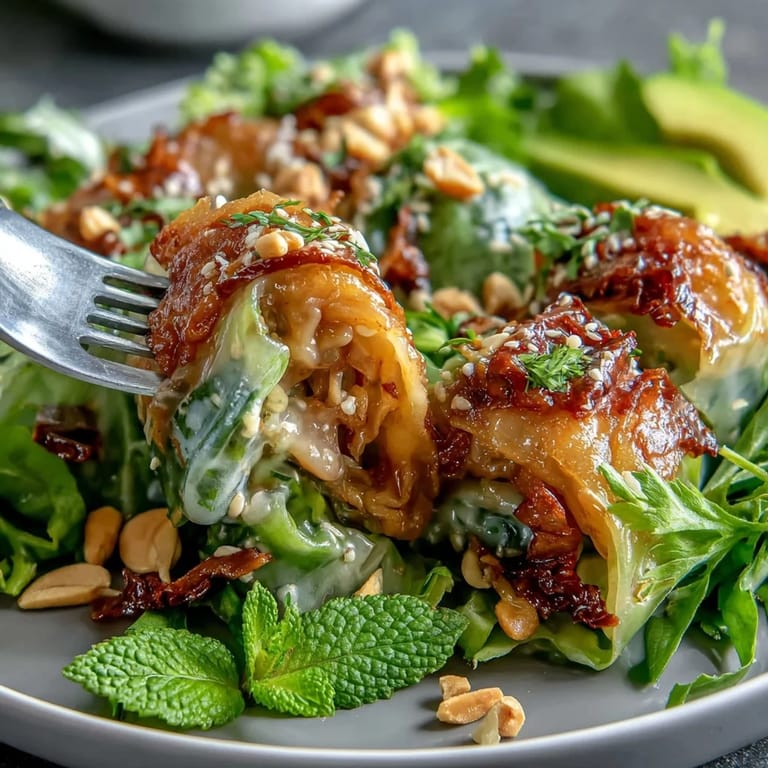 Fresh vegan spring roll salad topped with zesty peanut dressing, perfect for a healthy lunch or vibrant side dish.