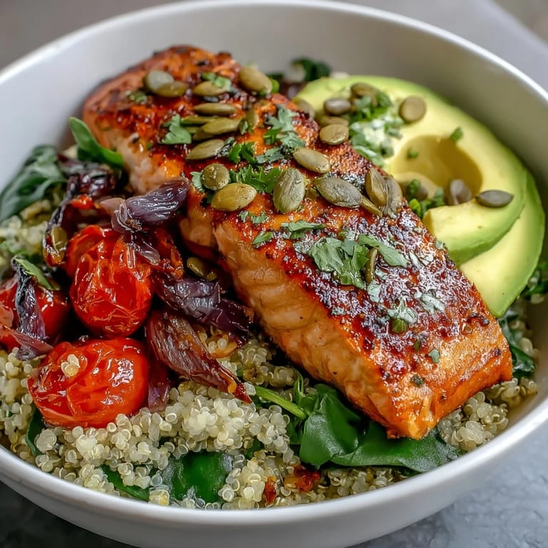 Grilled salmon fillets served over quinoa with fresh avocado, cherry tomatoes, spinach, and a tangy citrus dressing.