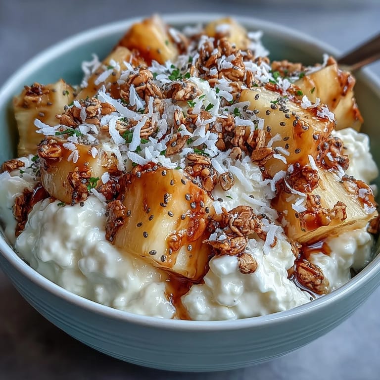 A vibrant cottage cheese bowl layered with tropical pineapple, crispy granola, and a drizzle of honey for a satisfying start.