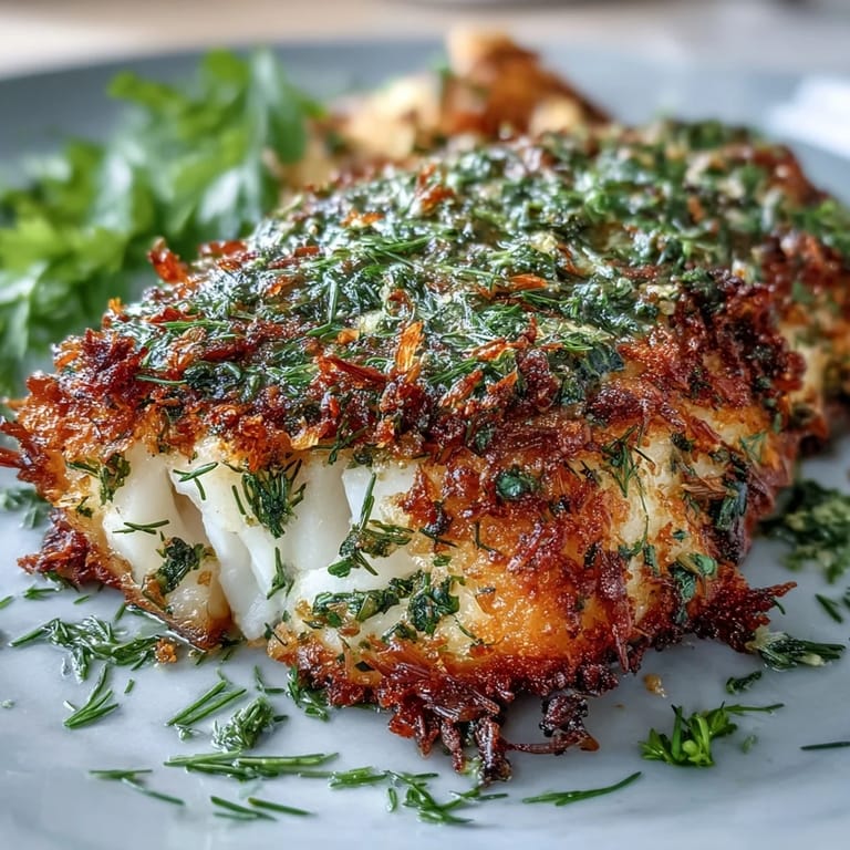 Aromatic herb crusted cod fillets baked to perfection alongside colorful roasted vegetables, garnished with fresh herbs and lemon wedges.  