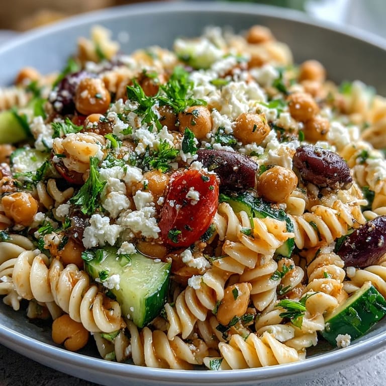 A vibrant Mediterranean pasta salad with chickpeas, briny Kalamata olives, and crumbled feta, served in a large bowl and perfect for picnics, potlucks, or a light vegetarian lunch.