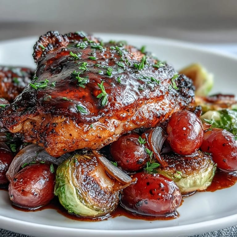 Golden roasted chicken thighs and caramelized Brussels sprouts tossed with sweet grapes in a tangy balsamic glaze, served straight from the pan.  