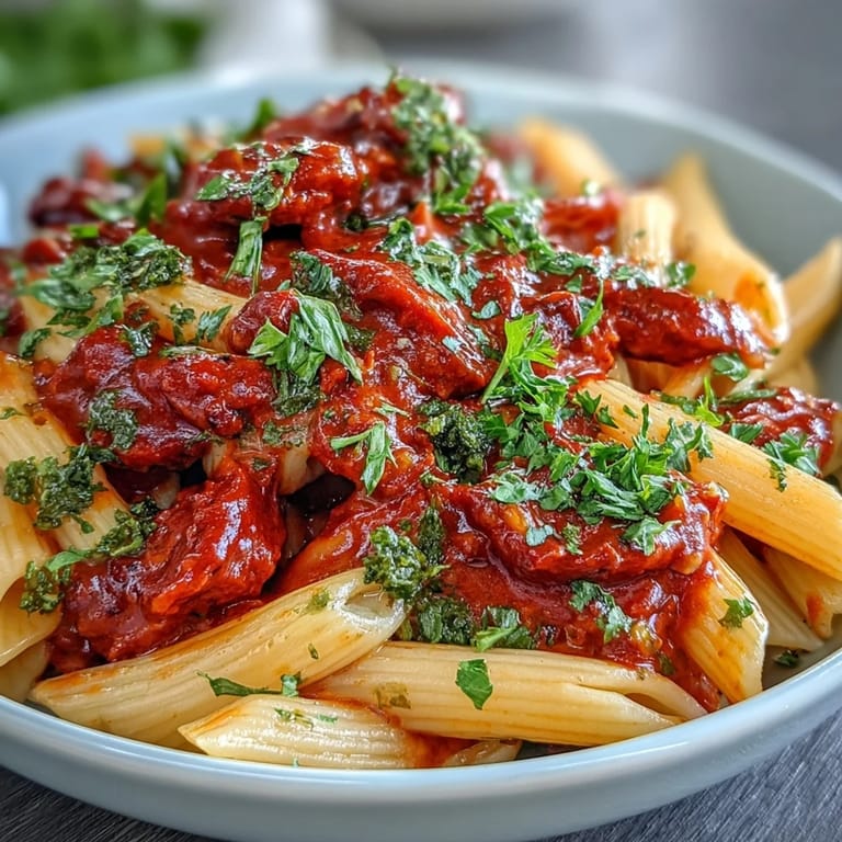 A vibrant, plant-based pasta dish showcasing roasted red peppers and protein-packed lentils, tossed with fusilli in a luscious, creamy vegan sauce.