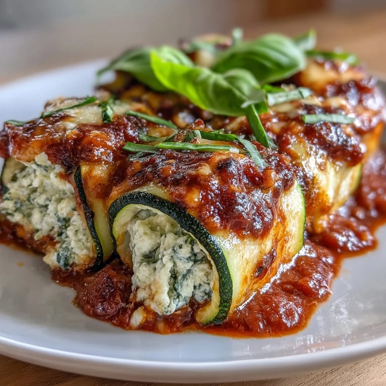 Low-carb zucchini lasagna roll-ups with ricotta, mozzarella, and Italian spices, baked to perfection and topped with bubbling marinara sauce.