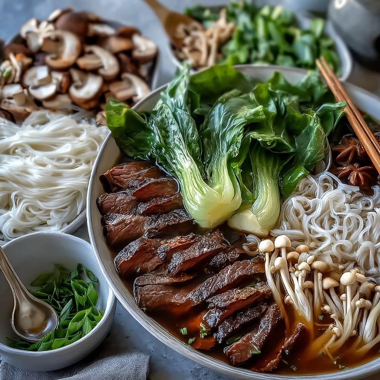 Colorful Asian Hot Pot Noodle Feast featuring thinly sliced beef, rice noodles, and crisp vegetables cooked in a savory, aromatic broth.
